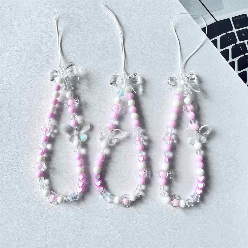 ins风手工串珠水晶挂链短款蝴蝶结爱心珠子手机挂绳防摔防丢挂链