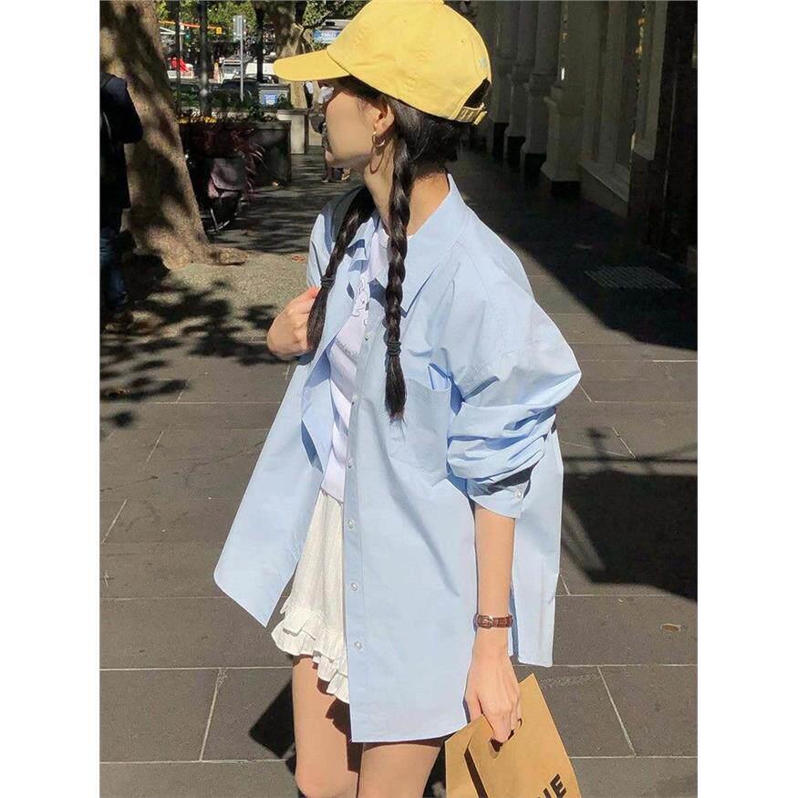 NextMary温柔风浅蓝色长袖衬衫女春季显白Polo领衬衣气质外搭上衣