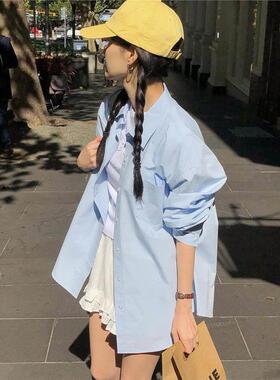 NextMary温柔风浅蓝色长袖衬衫女春季显白Polo领衬衣气质外搭上衣