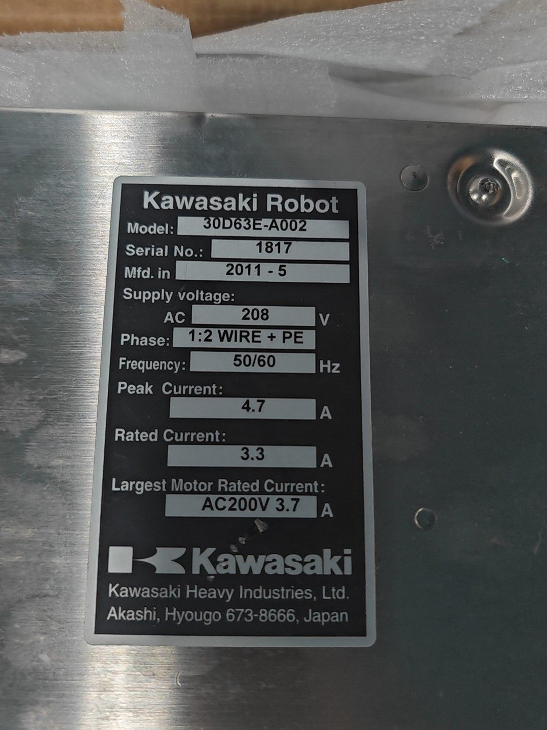 Kawasaki机器人控制器，型号30D63E-A002，几