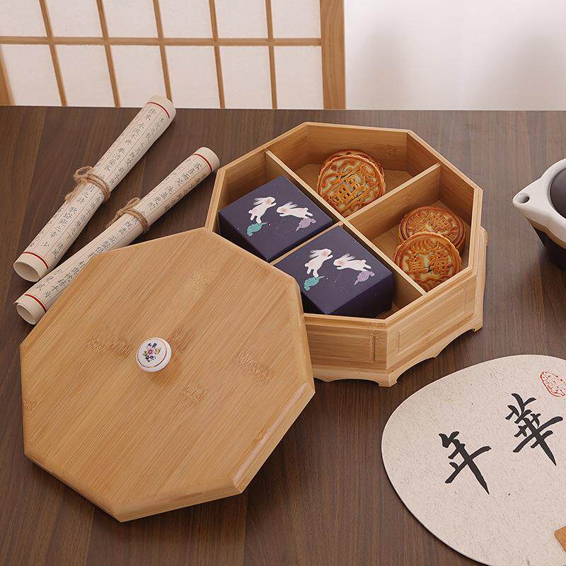 新款直销中秋月饼盒包装实木礼品盒酒店蛋糕房八角双层礼盒家用干