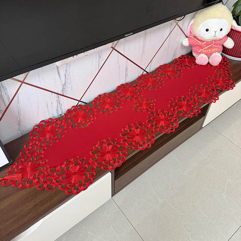 大红色喜庆婚礼绣花桌旗电视柜旗桌布咖啡桌巾欧式餐桌布防尘罩布