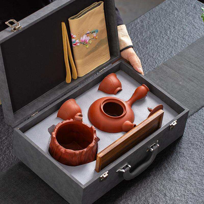 便携户外野营酒精烧水煮茶炉红泥可明火煮茶壶一壶两杯竹木托盘