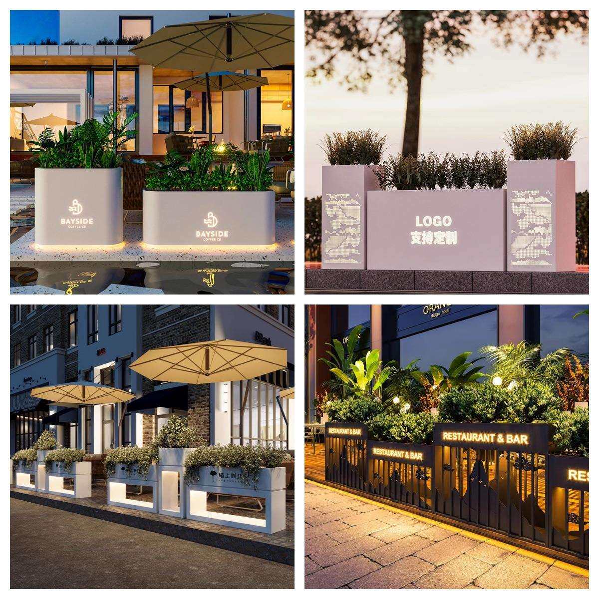 户外不锈钢花箱组合太阳能发光灯箱市政外摆隔断花坛护栏铁艺花槽