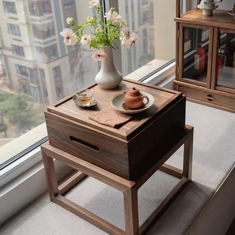 现代黑胡桃木小茶桌飘窗桌榻榻米四方形小网红茶桌轻奢简约小户型
