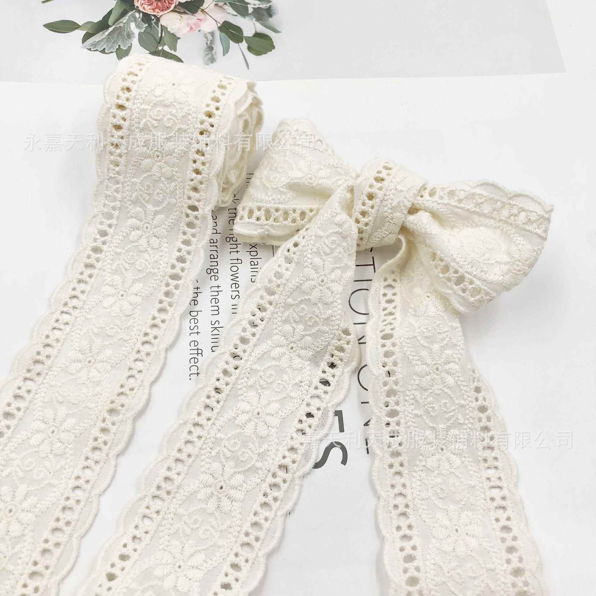 4.2cm宽米白杏色手工DIY服装辅料棉布刺绣花边头饰蝴蝶结蕾丝配件