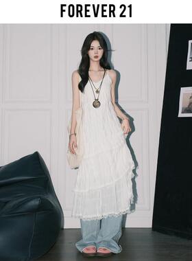 Forever 21白色蕾丝吊带洋装女A字叠穿沙滩裙ins度假风蛋糕长裙