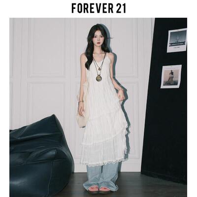 Forever 21白色蕾丝吊带洋装女A字叠穿沙滩裙ins度假风蛋糕长裙