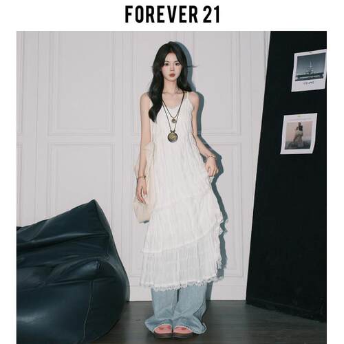 Forever 21白色蕾丝吊带洋装女A字叠穿沙滩裙ins度假风蛋糕长裙