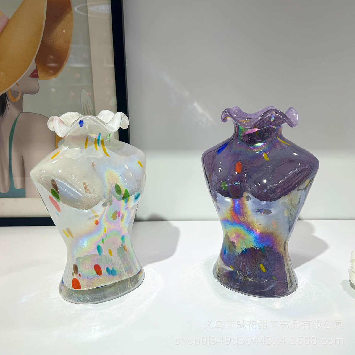 彩色珠光艺术琉璃美人花瓶家居软装插花水培样板间高级感装饰摆件