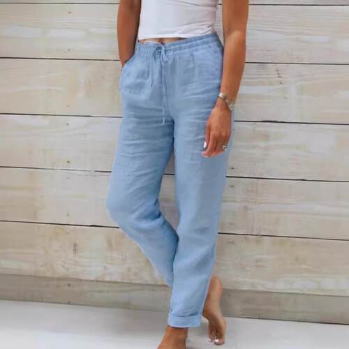 Elastic waisted cotton linen wide leg pants for
