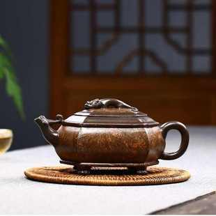 宜兴紫砂壶茶壶茶具批发紫泥绞泥螭龙六方壶防老壶雨中砂一件代发