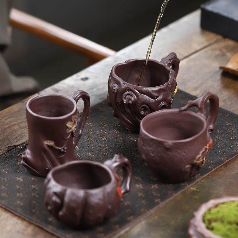 宜兴紫砂带把供春杯子手工树桩品茗杯佛手柿子葡萄大容量主人杯