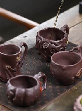 宜兴紫砂带把供春杯子手工树桩品茗杯佛手柿子葡萄大容量主人杯
