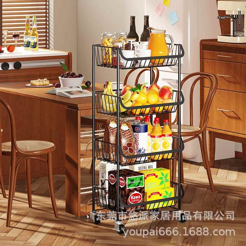 厨房置物架可移动推拉果蔬篮子创意零食金属边柜卧室收纳架推车