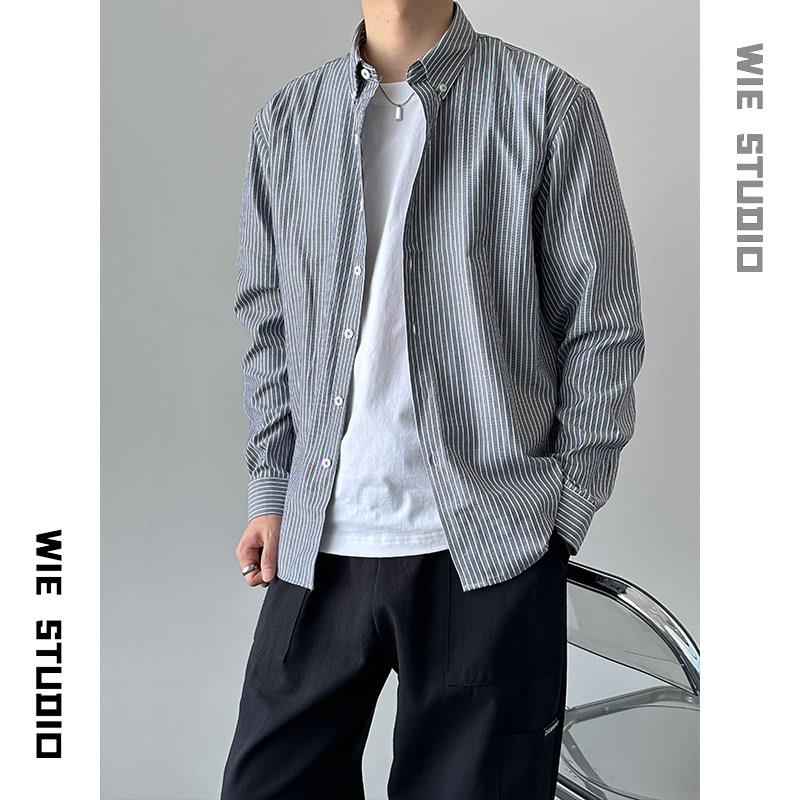 WIE STUDIO 2026轻青年衬衫打底叠穿男条纹开襟外套长袖休闲衬衫