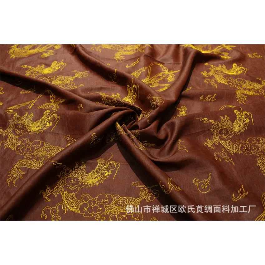 凤呈祥龙绣红纱刺ZFB透咖桑蚕丝30云姆米重磅时装面料服装丝绸布