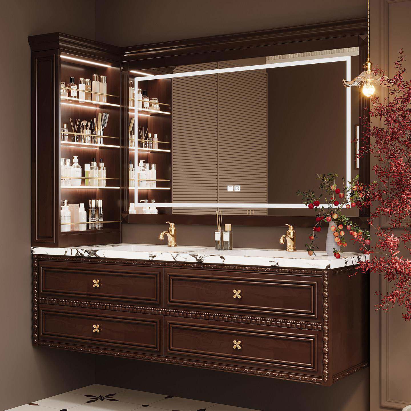 美式橡木浴室柜组合卫生间洗漱台双盆卫浴柜岩板洗手脸盆智能镜柜