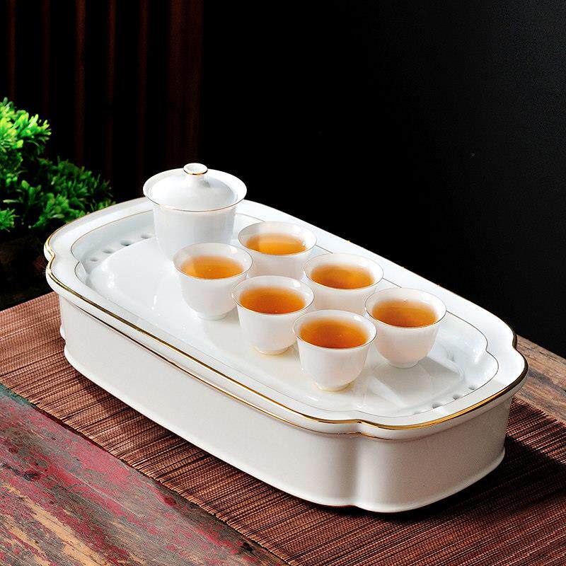 创意茶盘轻奢羊脂玉瓷长方茶盘茶具套组家用盖碗陶瓷茶杯14寸托盘