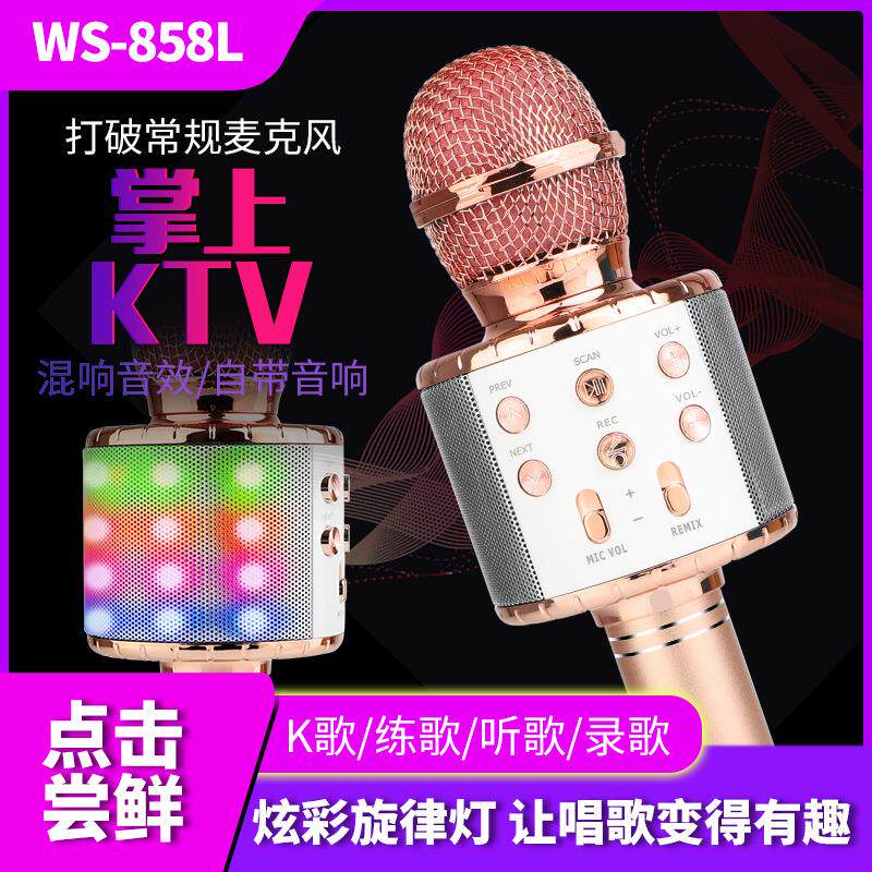 爆款858l带灯麦克风无线话筒k歌音响话筒一体蓝牙无线麦克风