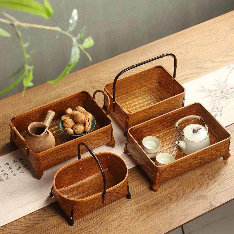 手工竹编手提篮茶具收纳筐筇竹提手覆古点心篮竹篮子水果篮竹筐子