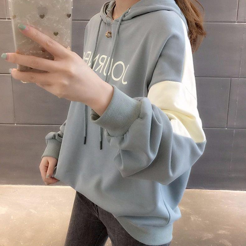 极速秋冬新款加绒加厚连帽卫衣女韩版宽松显瘦拼接长袖上衣女学生