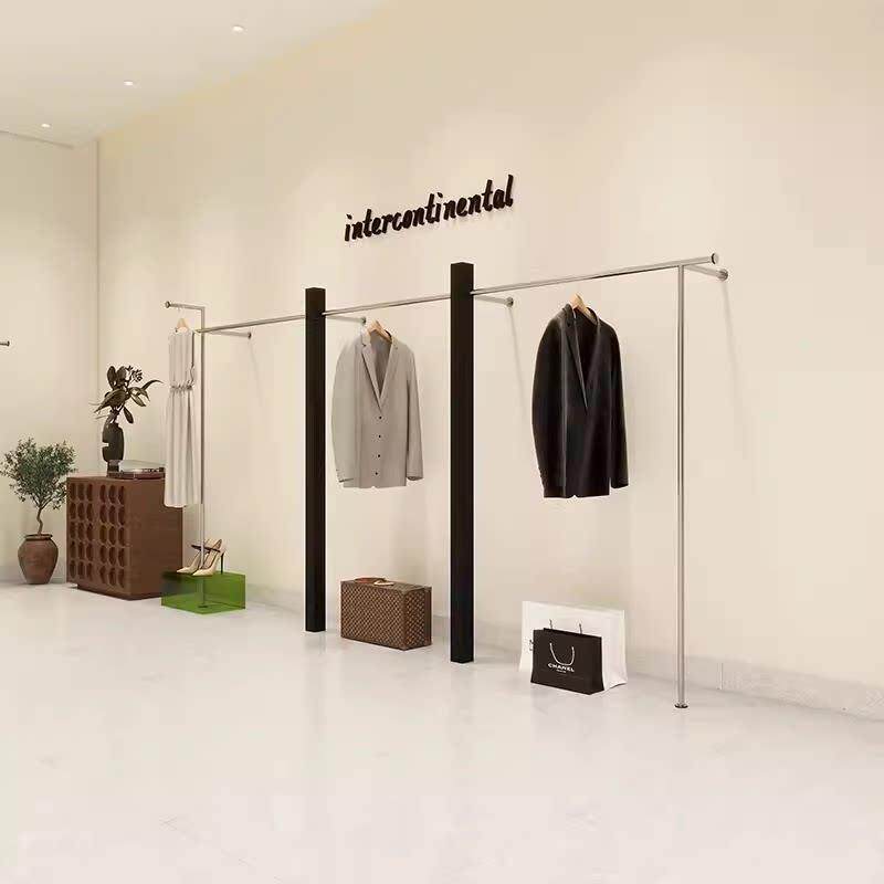 服装店展示架陈列架不锈钢上墙落地式挂衣架烤漆黑色男女装店货架