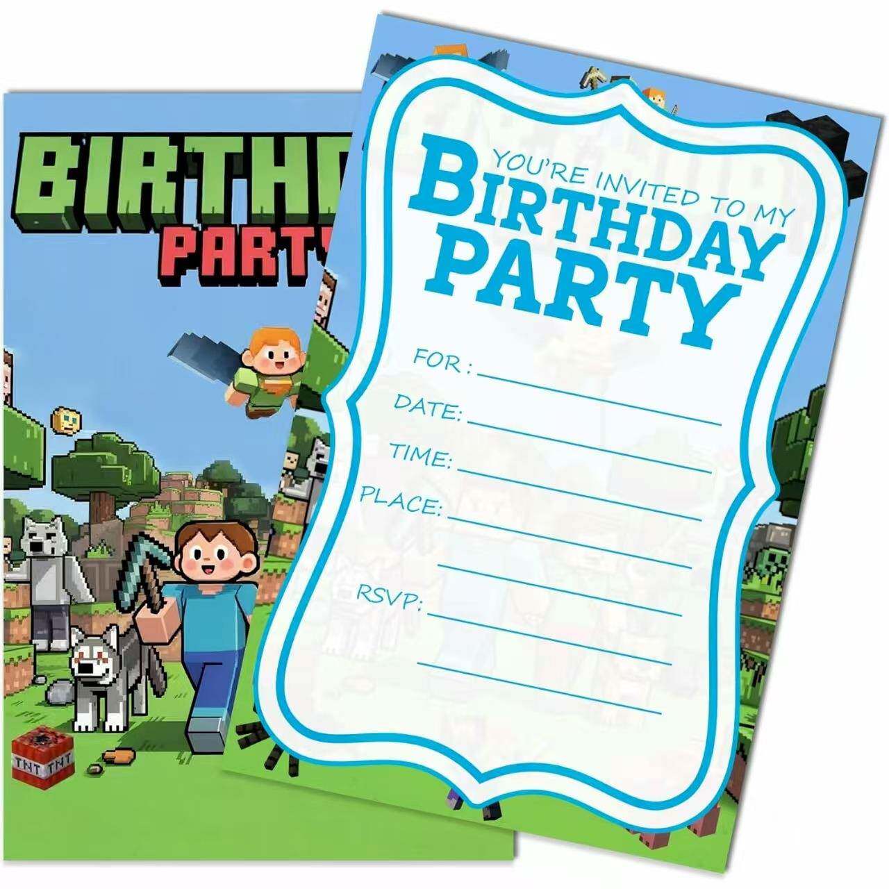 电子游戏和像素主题邀请函带信封生日派对用品男孩复古设计庆祝卡
