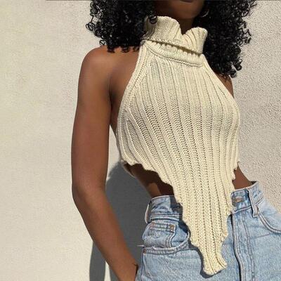 Backless high neck knitted vest sweater