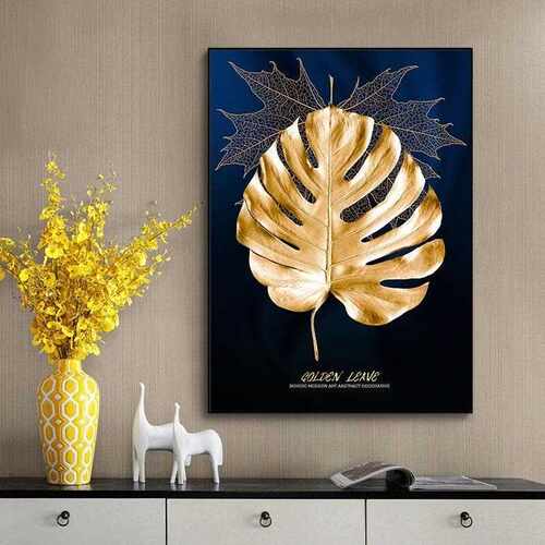 新款直销北欧现代轻奢金色树叶装饰画客厅背景墙挂画墙面竖版玄关