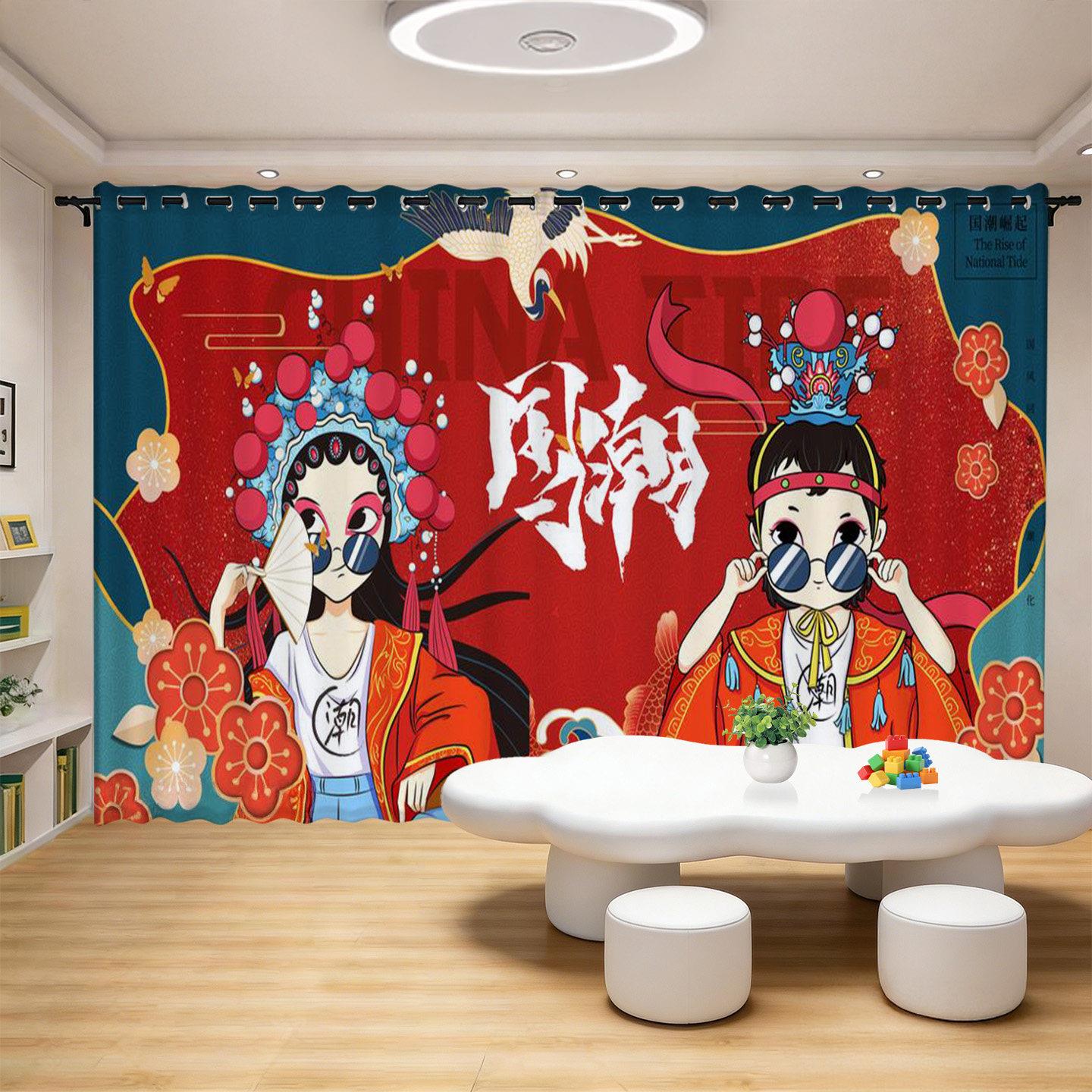 2026国潮京剧个性饭厅棋牌室麻将馆隔断装饰背景遮光窗帘纱帘定制