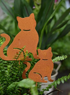 复古做旧做锈猫咪花插锈色盆插花园装饰摆件ins日系剪影铁艺插件