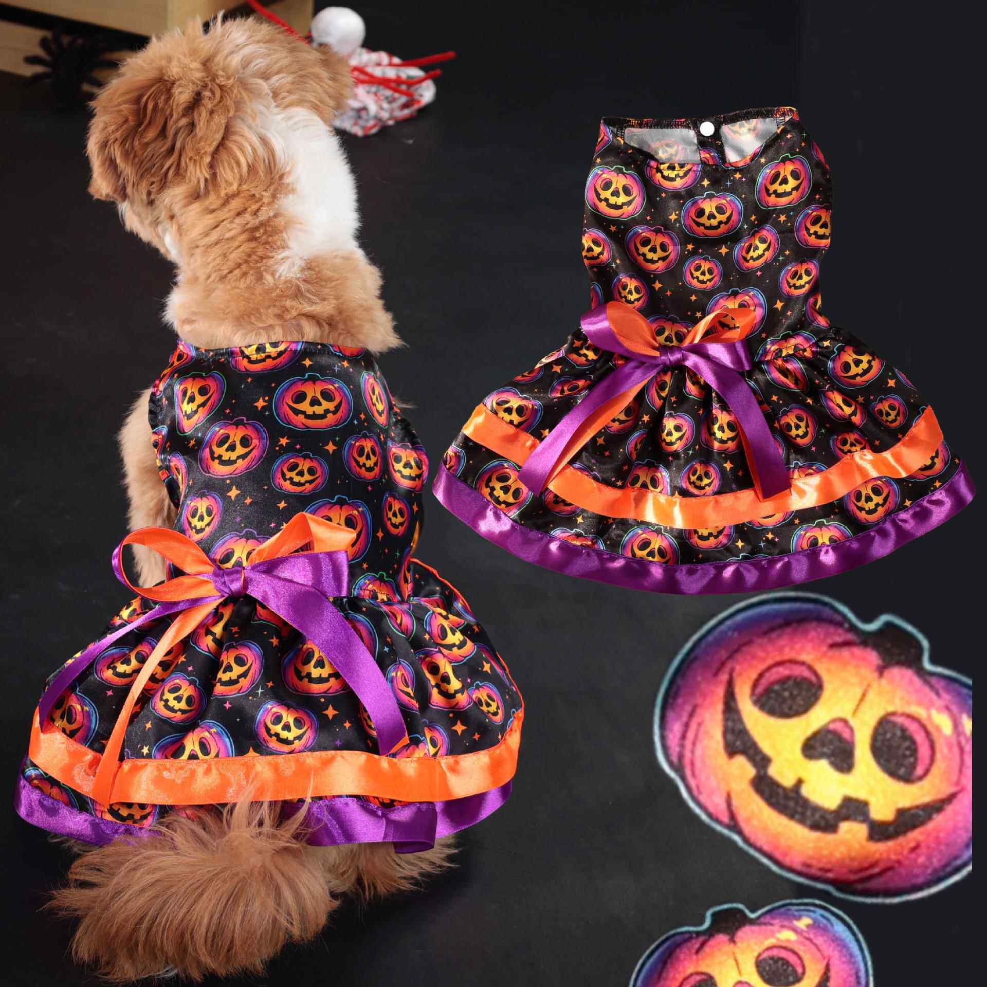 宠物衣服狗狗万圣南瓜五彩骷髅万圣派对裙子双层蝴蝶结裙跨境