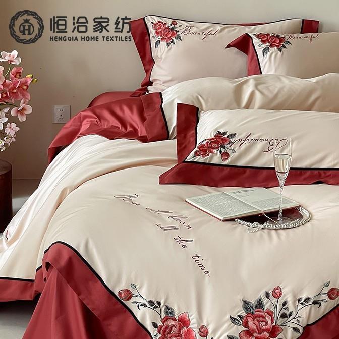 浪漫婚庆高支全棉四件套唯美玫瑰刺绣纯棉结婚喜嫁红粉色被套床品