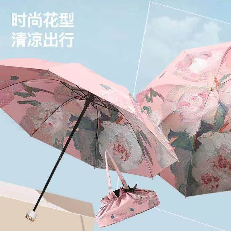 三折双层伞双面印花双层黑胶防晒太阳伞折叠女遮阳伞可折叠轻奢风