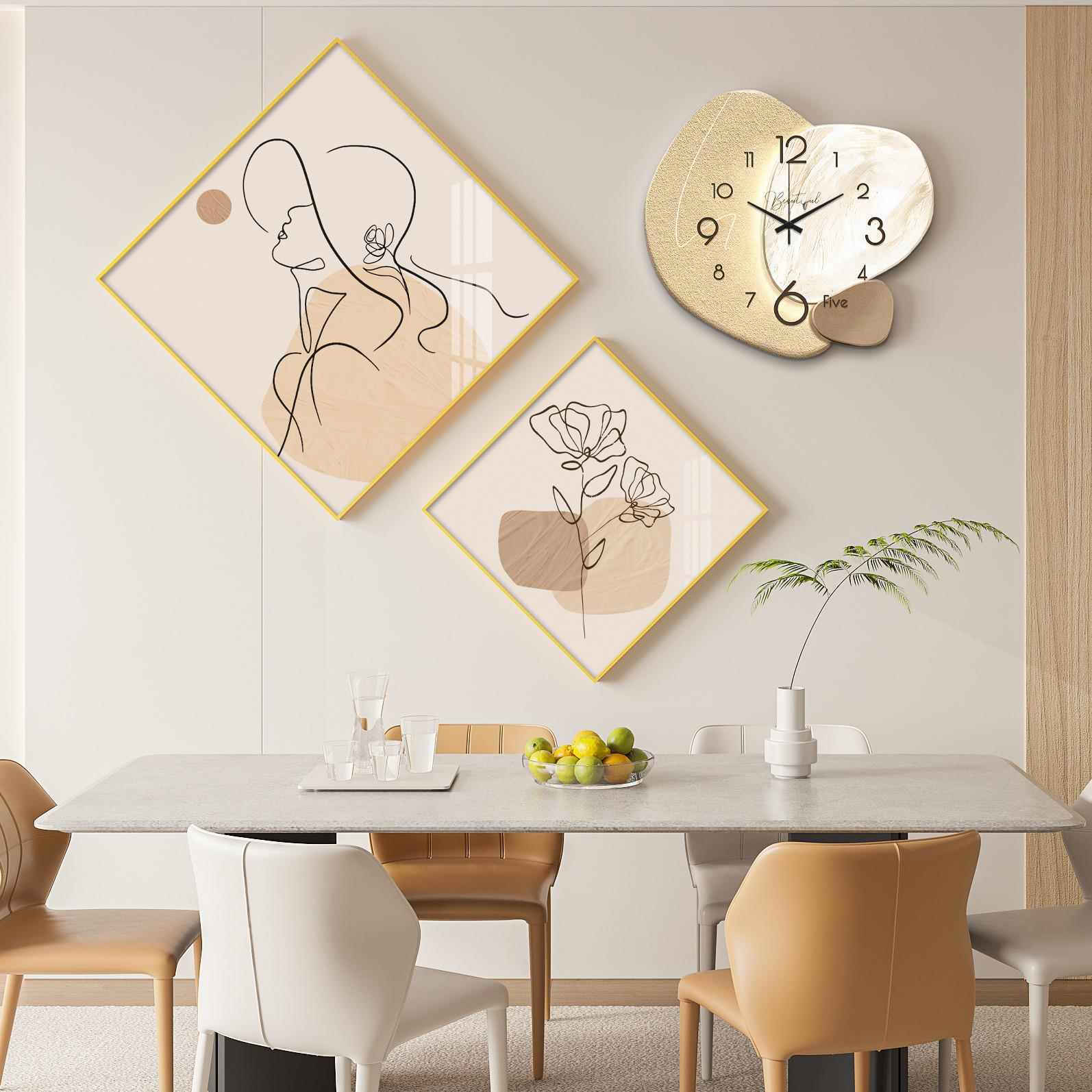 奶油抽风餐代厅装饰画象清新时尚钟组合2-L1壁画现表简约三联挂画图片