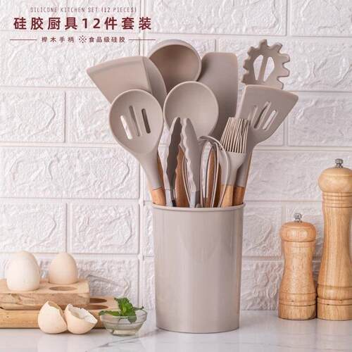 彩色木柄硅胶厨具12件套 耐热不粘锅厨具组 北欧绿木柄烹饪组