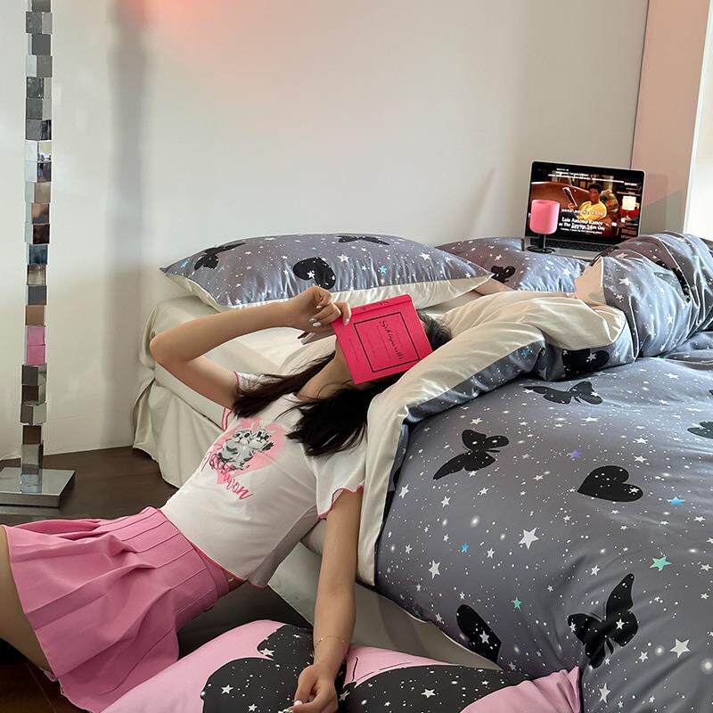 酷甜少女｜50支双长绒全棉贡缎床上四件套简约丝滑床单被套床笠款