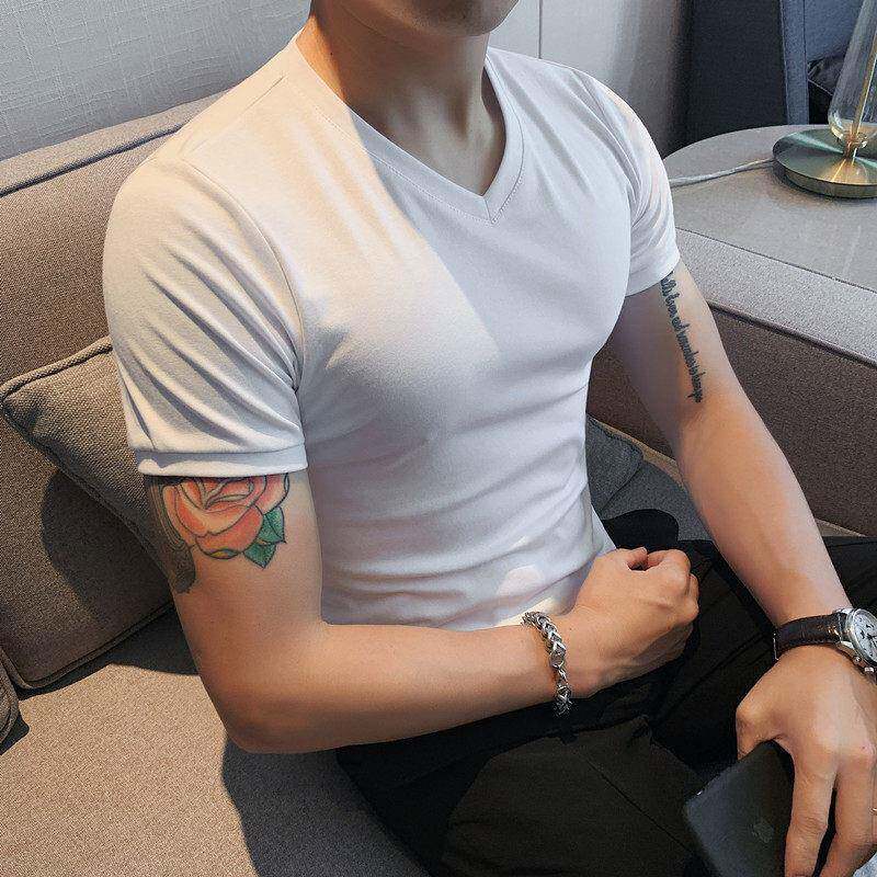 春夏t恤男式短袖V领夏季弹力修身紧身白色底裤男式长袖t恤0320k