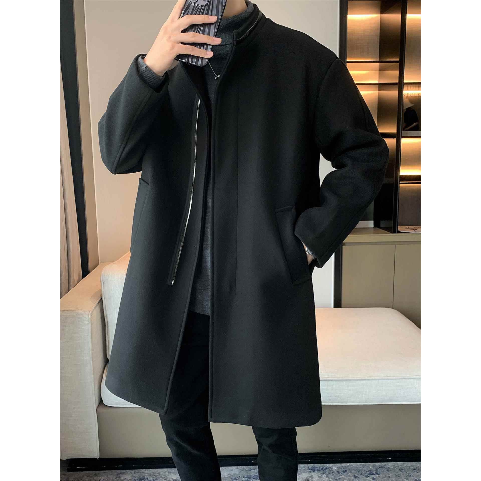2025年秋冬季新品中长款休闲毛呢大衣男士宽松立领拉炼风衣1022r