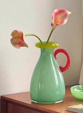 糖果色玻璃花瓶小龛中世纪插花家居装饰插花水文化绿色釉面高端感