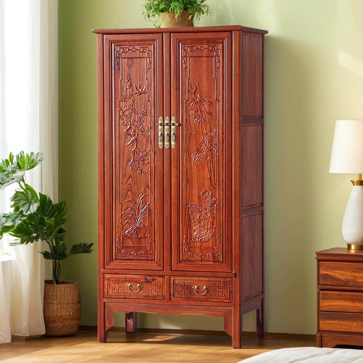 新中式实木两门大衣柜雕花衣帽收纳柜顶箱柜卧室家用清明古典家俱