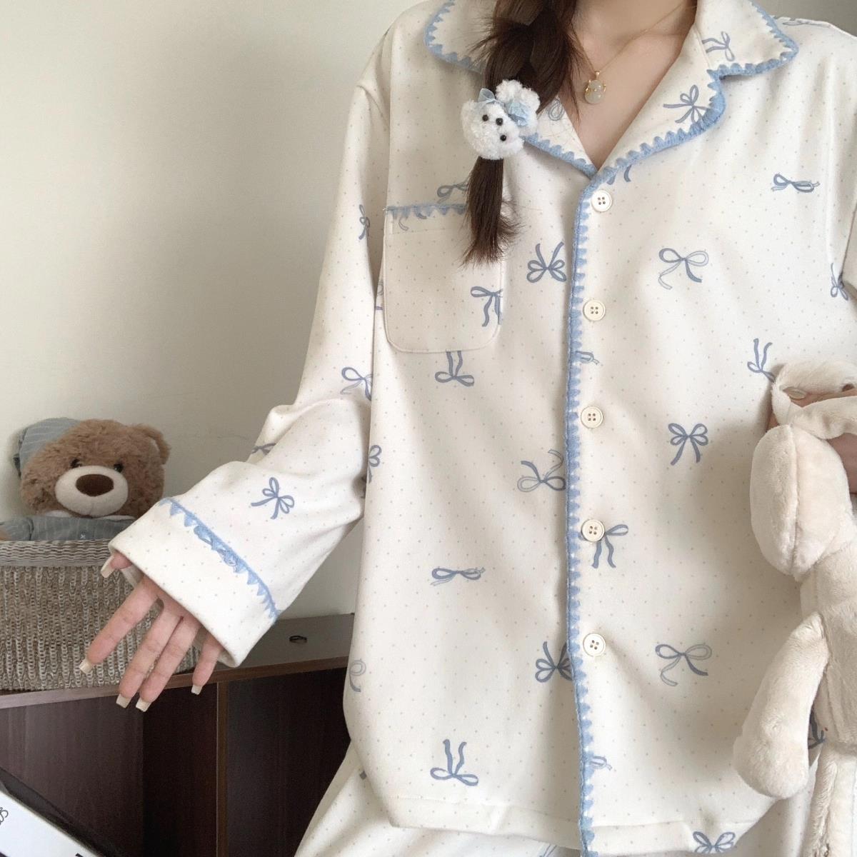 大码冬天蝴蝶结波点加厚保暖德绒睡衣女秋冬季甜美家居服套装冬季
