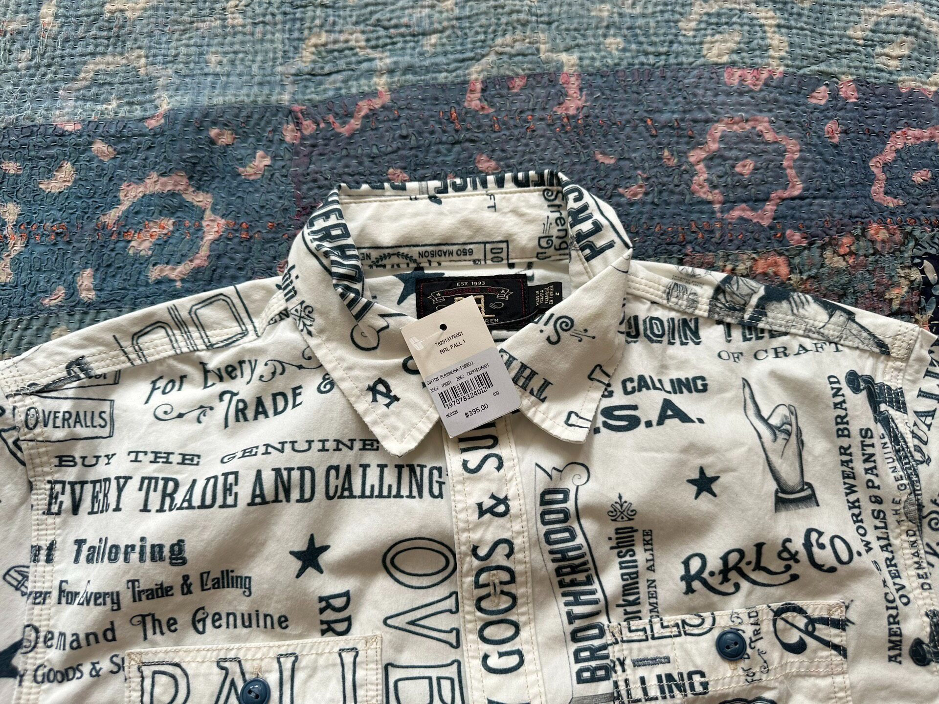 RRL White Work Shirt with Black Graphics — detail