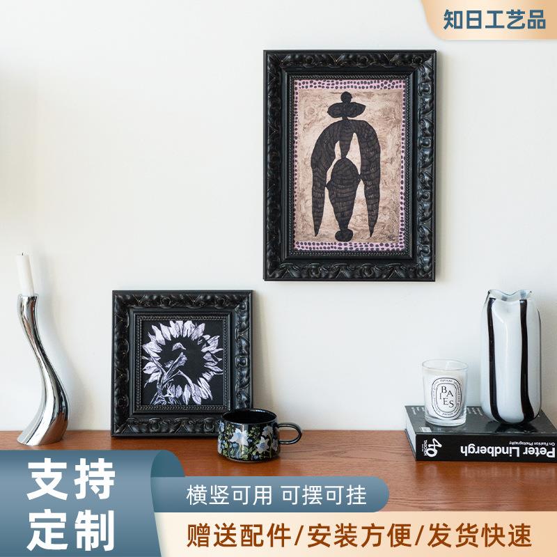 法式中古风实木外框手工油画外框卧室挂画空框黑边雕刻花纹空画框