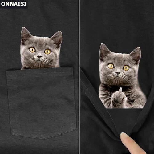 Funny T Shirt Summer Print Pocket T Despise 猫 Dog口袋印花T