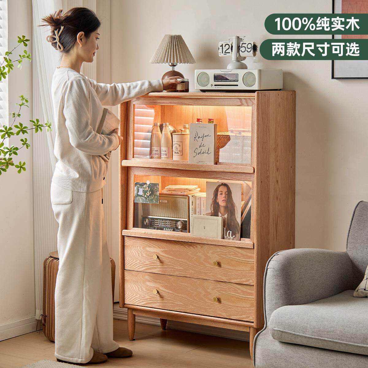 全实木书柜橡木边柜玻璃翻门餐柜收纳柜客厅电视边柜展示柜带灯