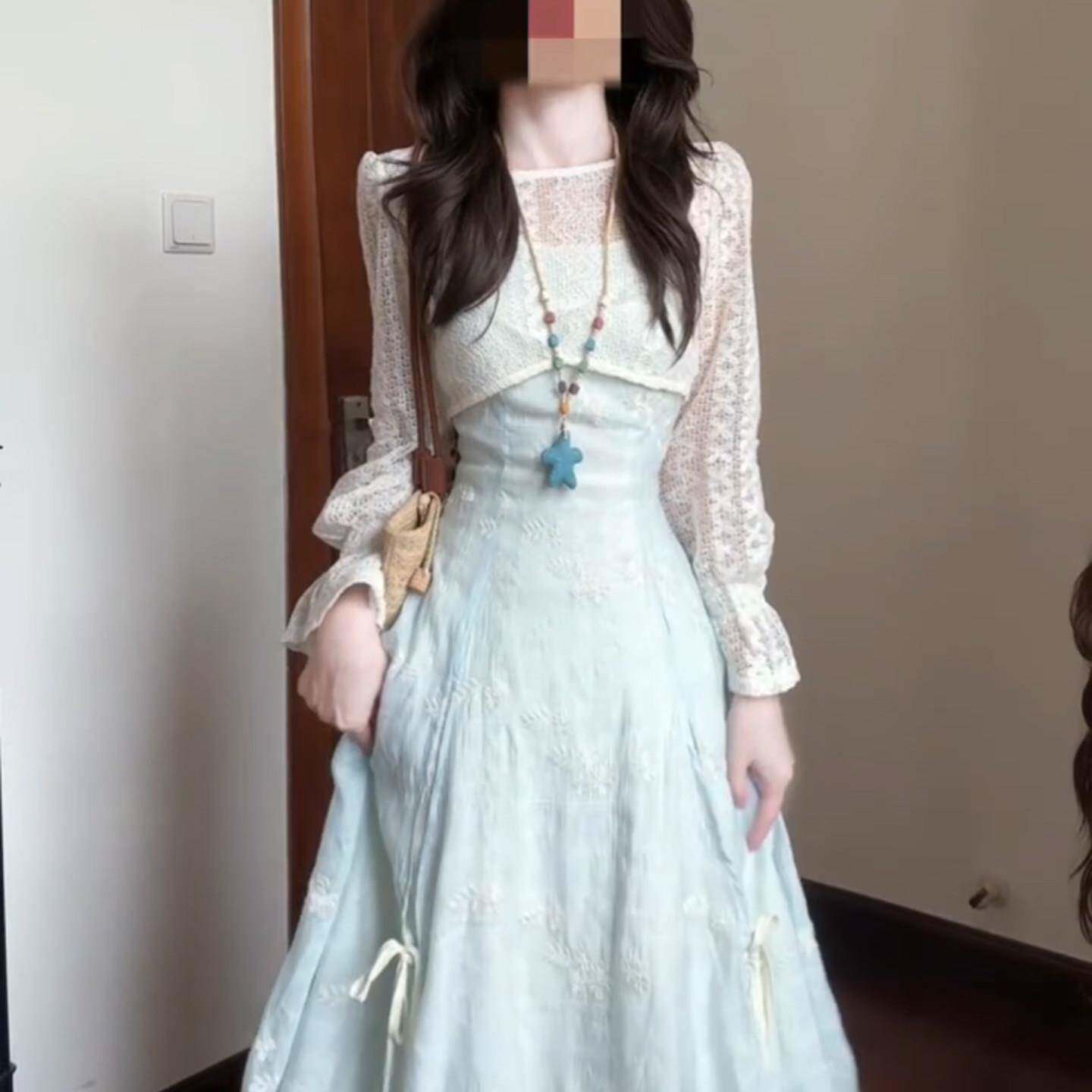 温柔风蕾丝罩衫吊带洋装女夏小清新收腰仙女长裙约会度假两件套