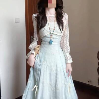 温柔风蕾丝罩衫吊带洋装女夏小清新收腰仙女长裙约会度假两件套