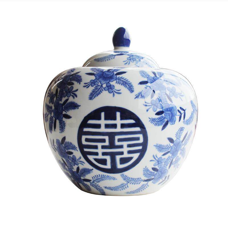 欧式青花瓷手绘喜字陶瓷罐摆件中式古典软装客厅餐桌装饰花瓶摆设